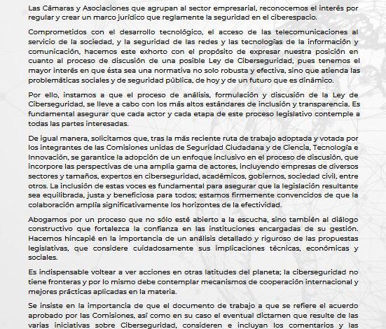 Camaras y asociaciones empresariales exhortan a diputados y senadores a abordar una Ley de Ciberseguridad de manera responsable y desde la inclusión y pluralidad de ideas