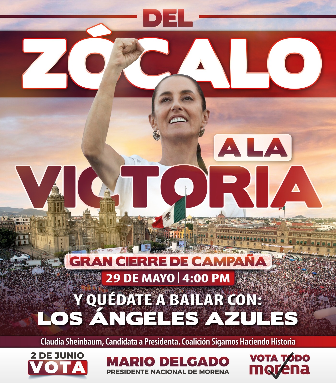 Claudia Sheinbaum cierra su campaña con Fiesta Popular en el Zócalo, amenizada por Los Ángeles Azules