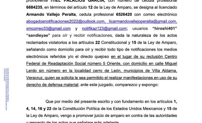 Amenazan integridad física de Itiel Palacios en Cefereso 5 de Veracruz