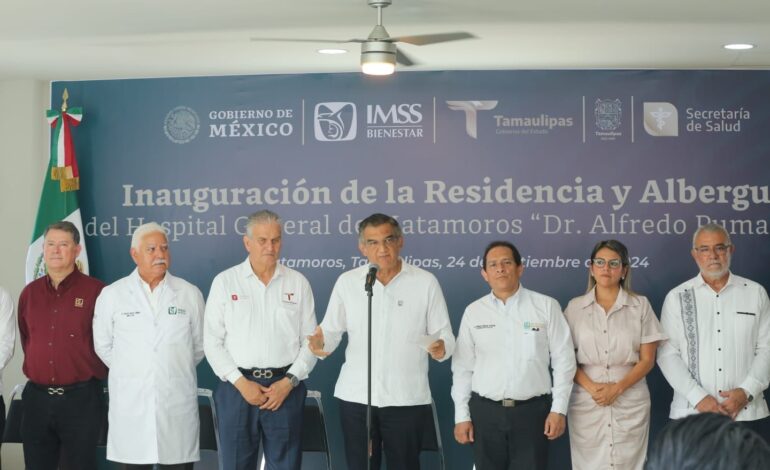 Inaugura Americo albergue y residencia en hospital de Matamoros durante enlace con el presidente AMLO