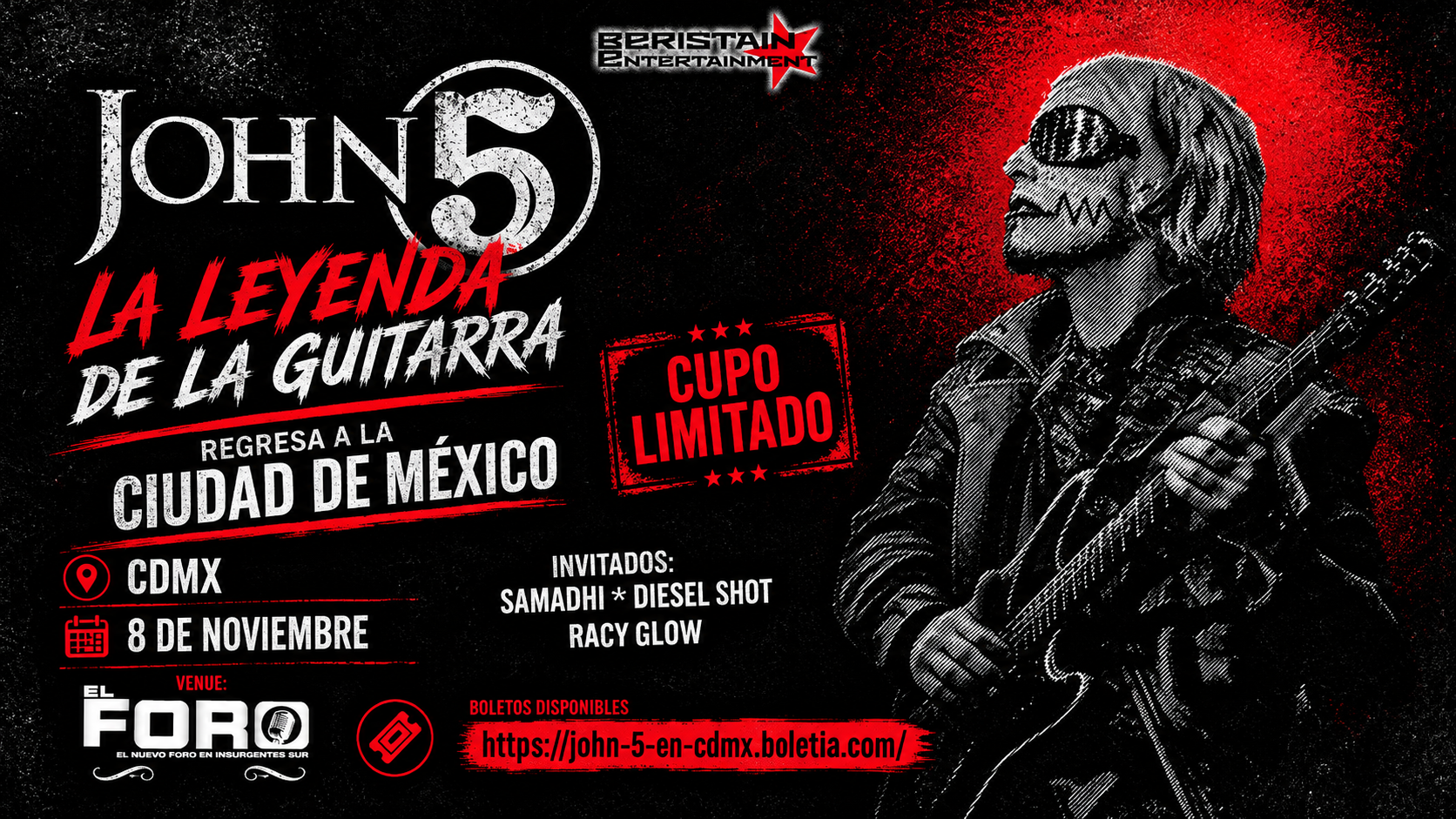 John 5 de Mötley Crüe llevará su virtuosismo a la ciudad de México y Ocoyoacac con dos conciertos en noviembre